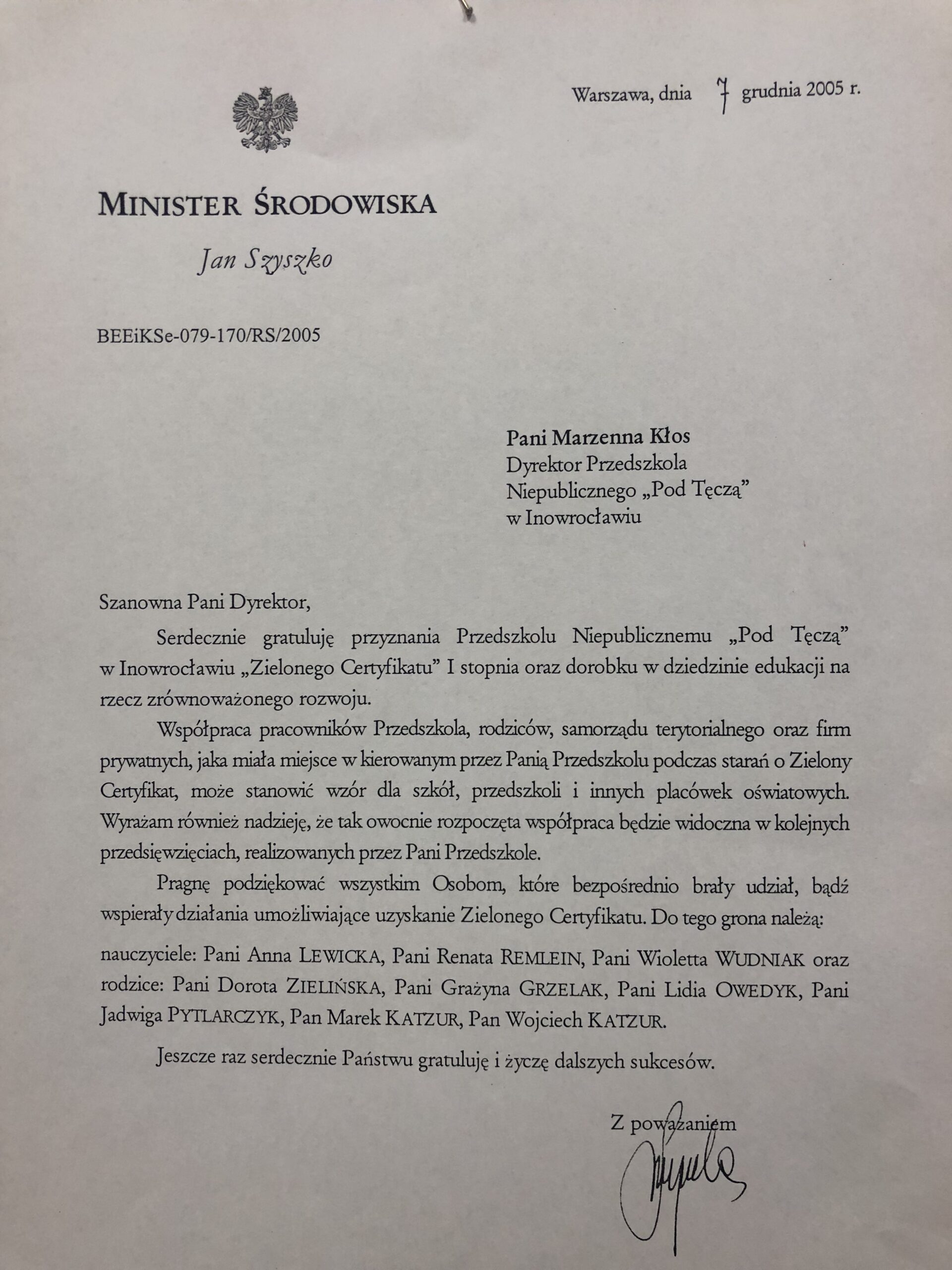 Gratulacje od Ministra Środowiska 2005 - skan