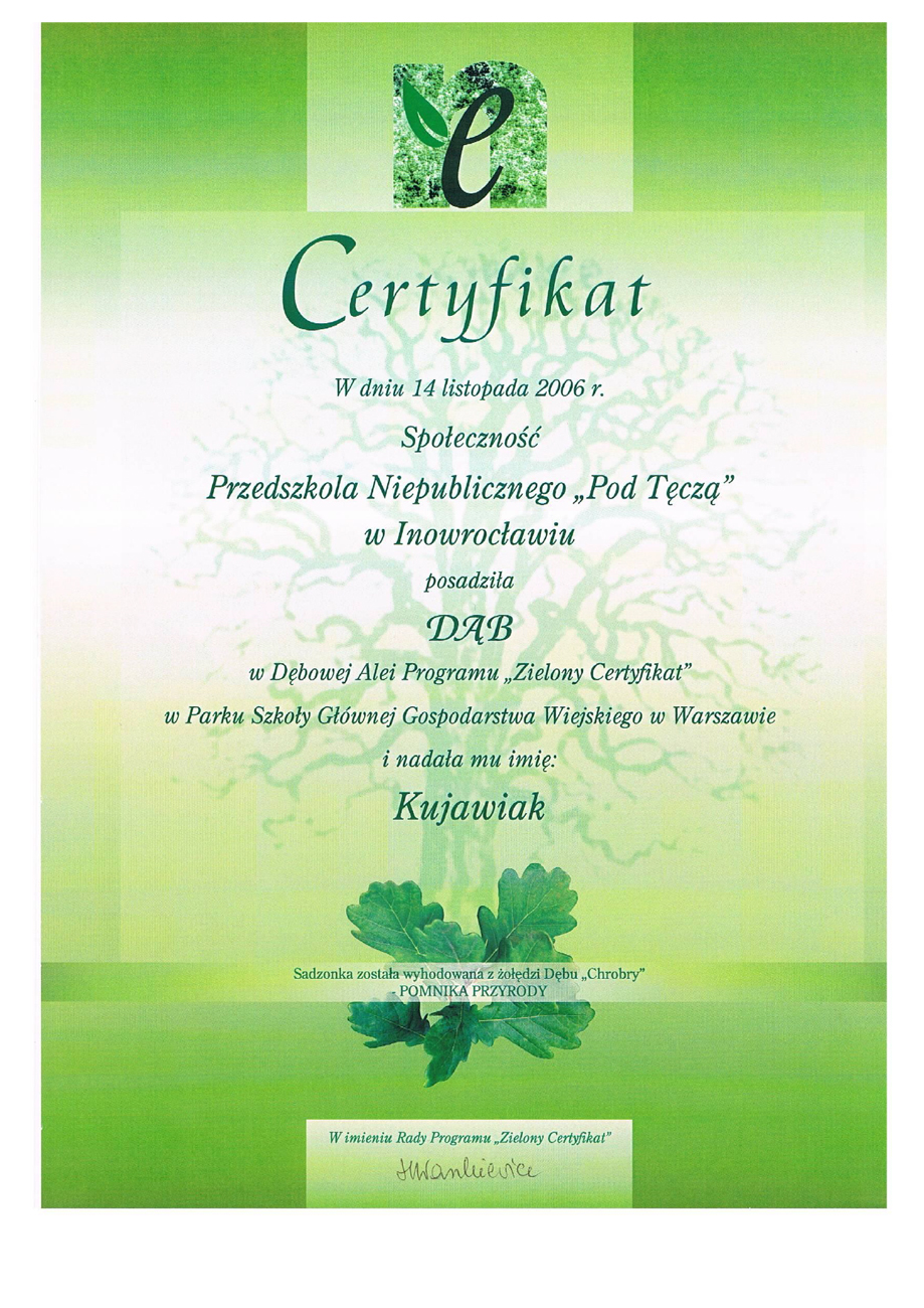 Certyfikat 2006 posadzenia dębu Kujawiak przez reprezentację naszego Przedszkola - skan