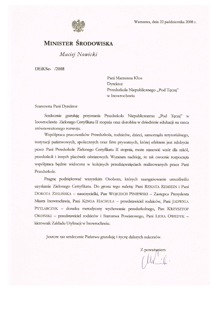 Gratulacje 2008 od Ministra Środowiska - skan