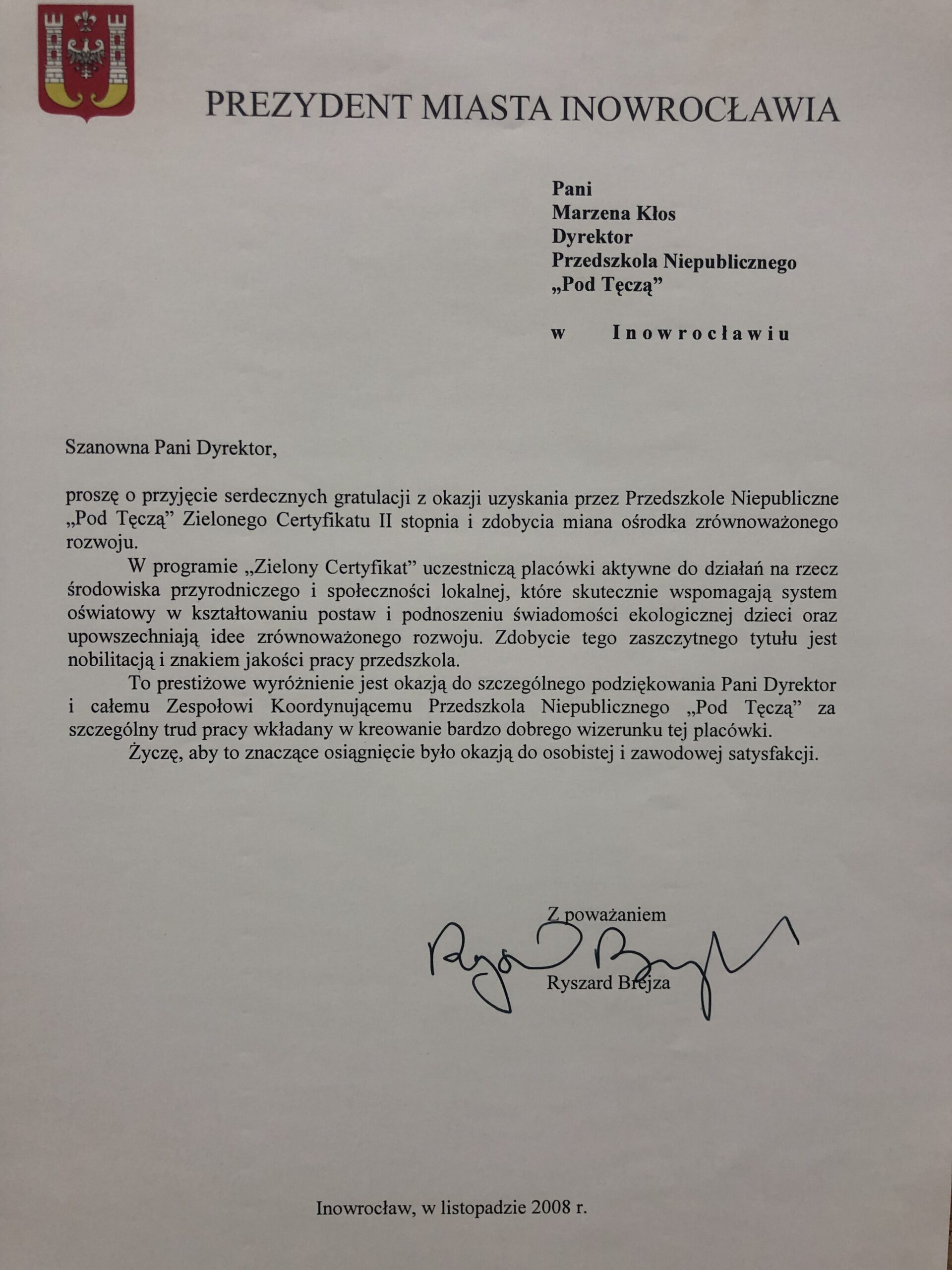 Gratulacje 2008 od Prezydenta Miasta Inowrocławia - skan