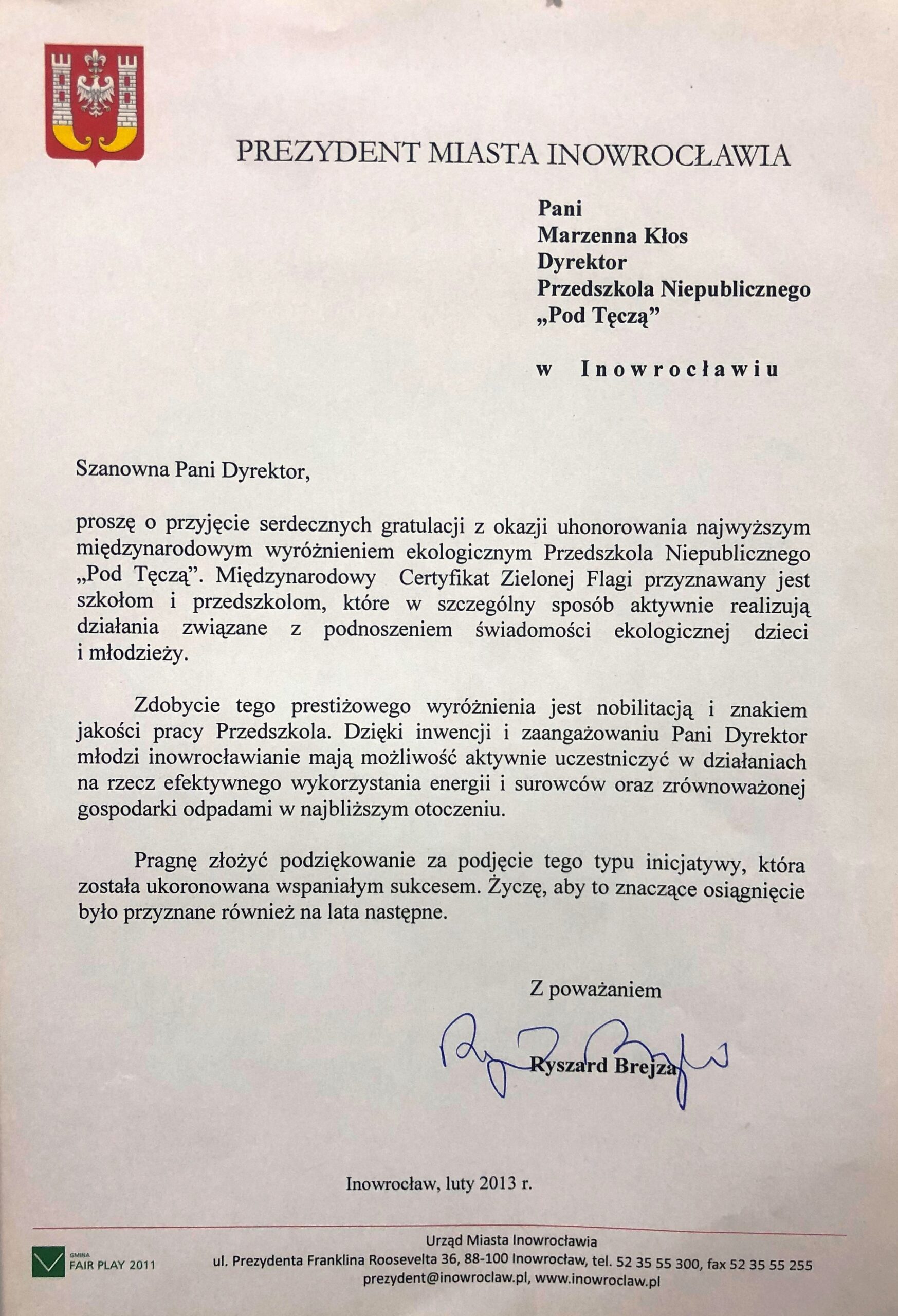 Gratulacje 2013 od Prezydenta Miasta - skan