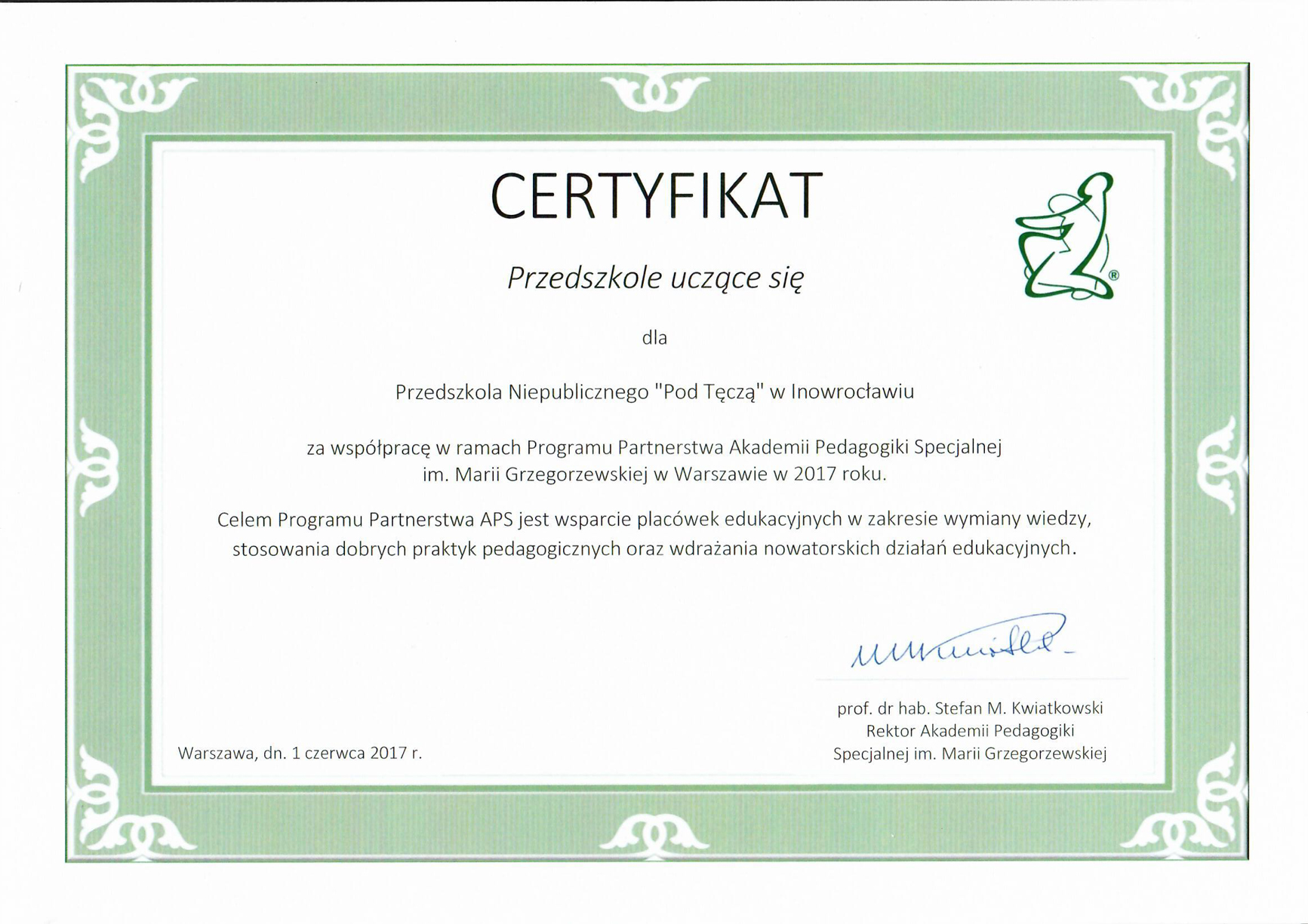 Certyfikat 2017 Przedszkole uczące się - skan
