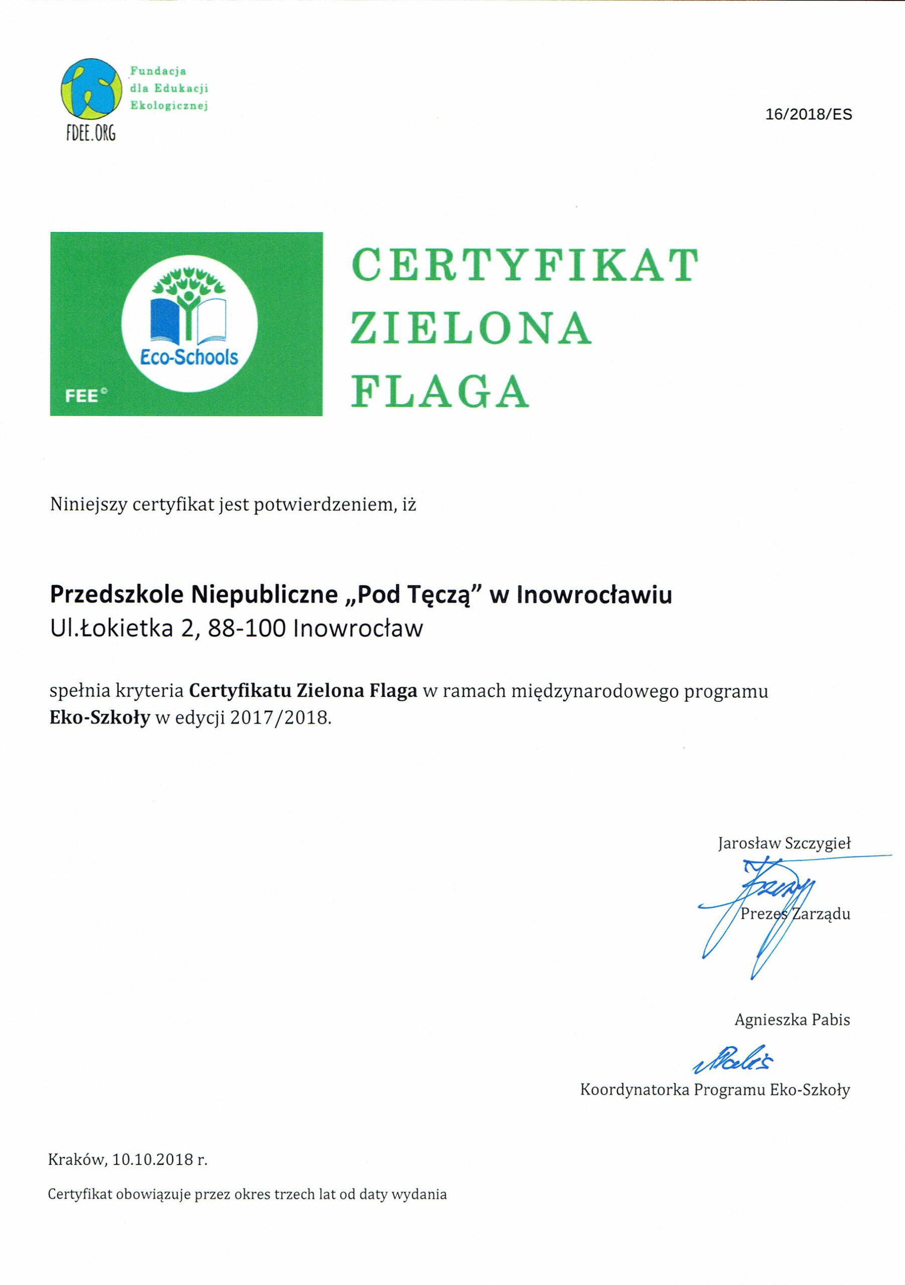 Międzynarodowy Certyfikat Zielonej Flagi 2018 - skan